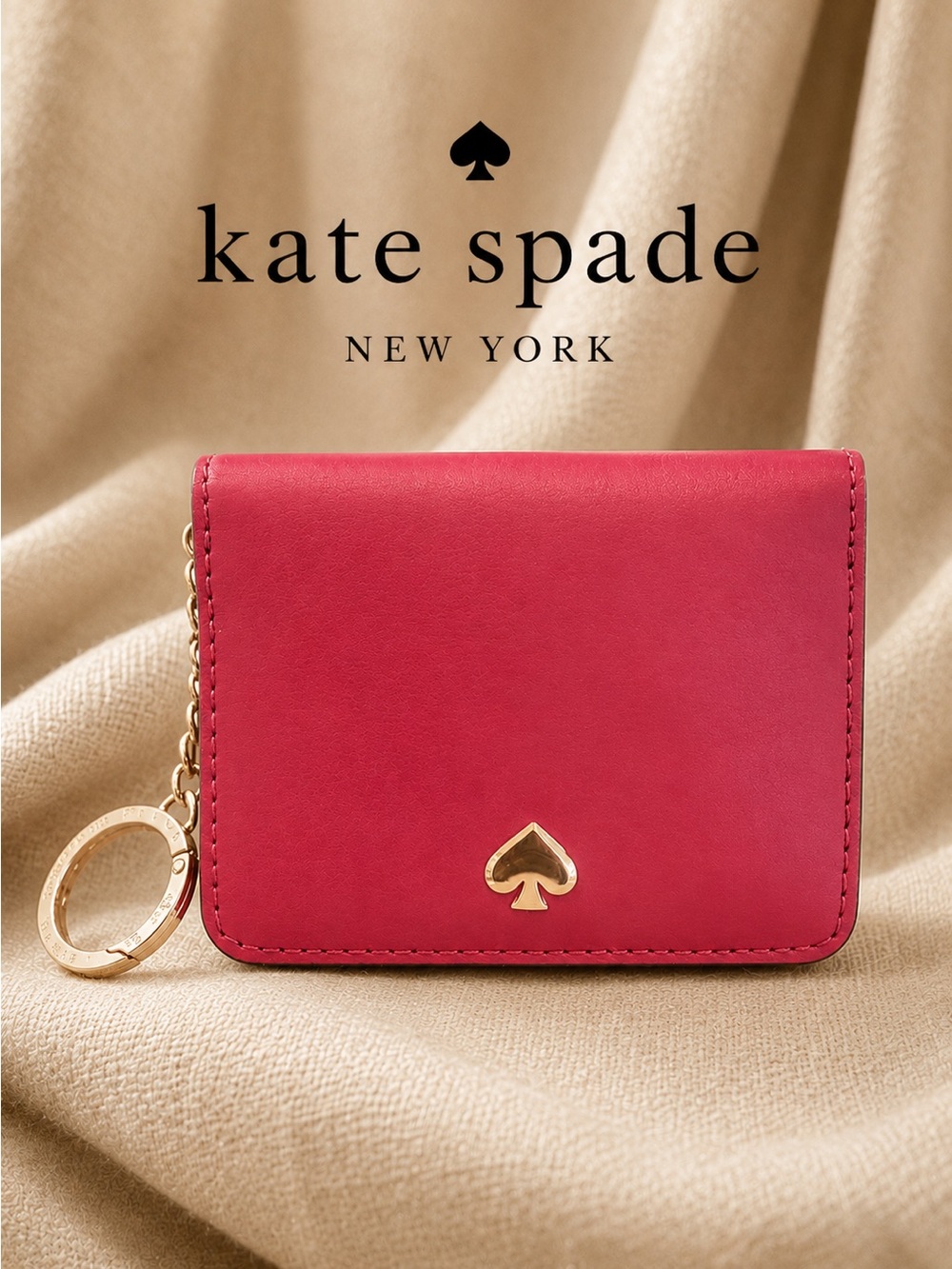kate spade Pink-Red Leather Card Case Wristlet with Gold Logo Key Ring